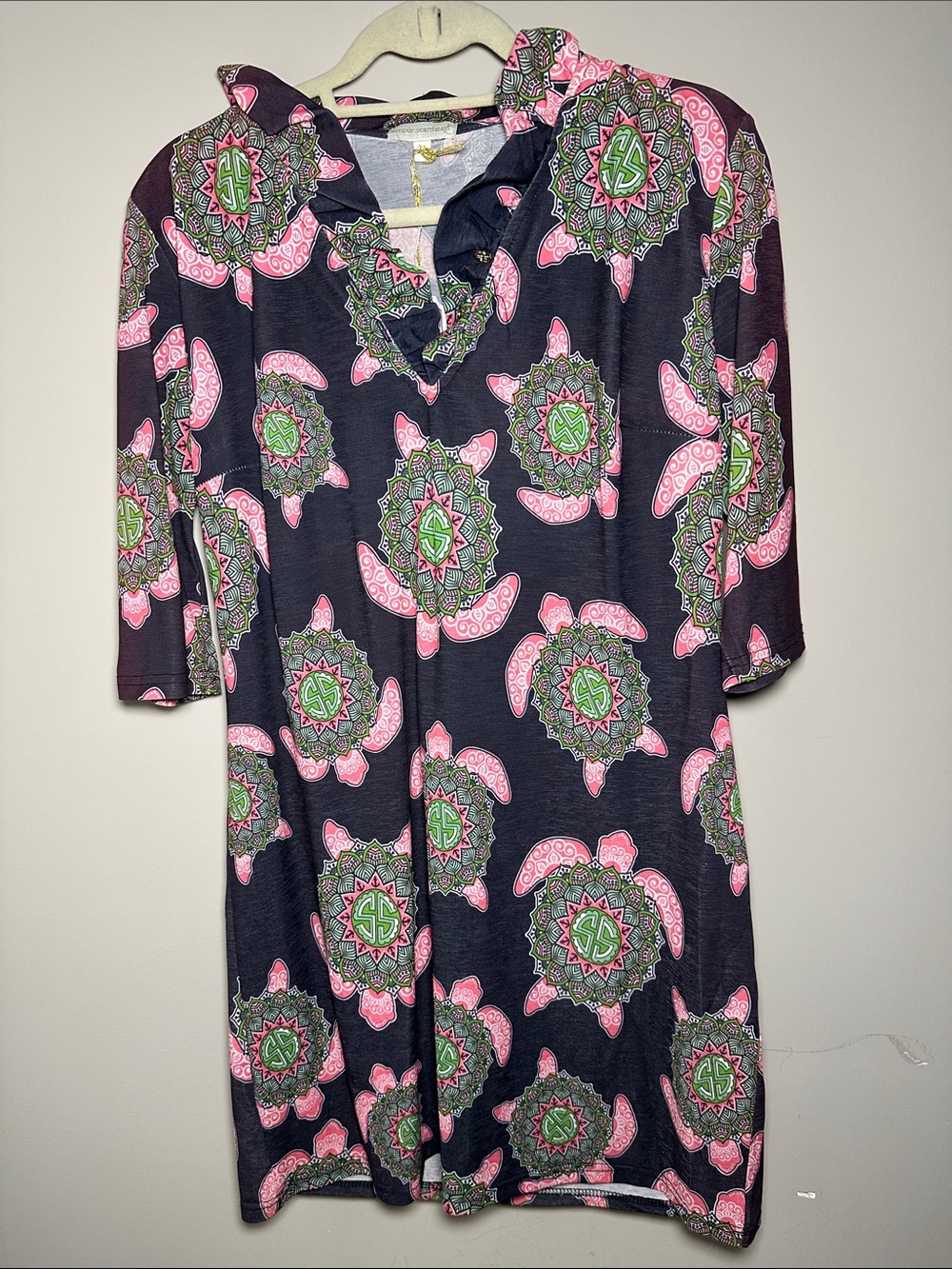 Simply Southern New Navy Tunic Dress with Pink & Green Mandala SS turtle Print